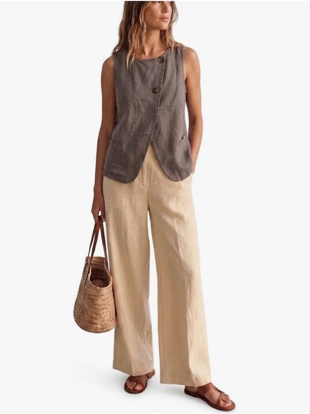Sleeveless Asymmetric Linen Vest in Taupe